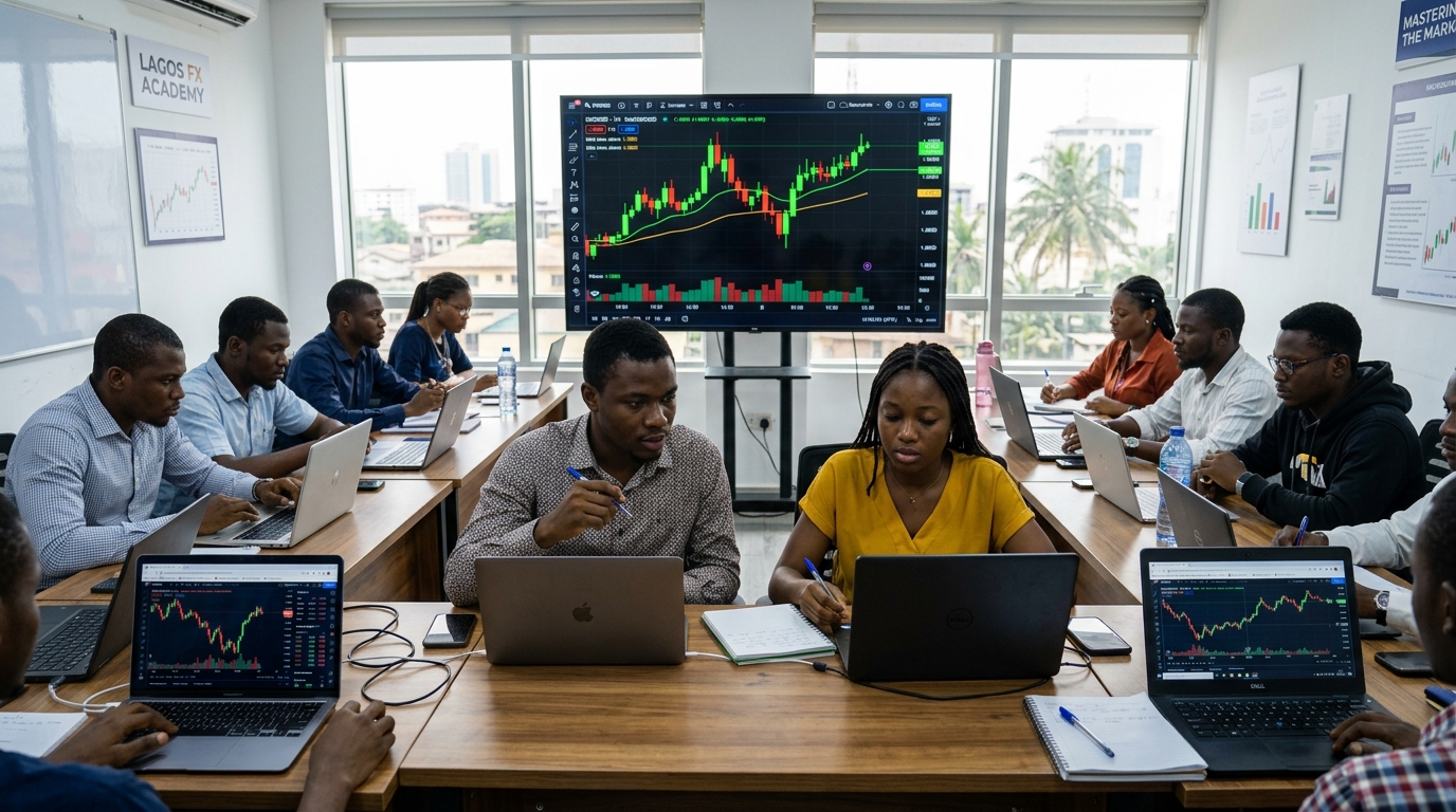 Nigerian students learning forex trading in Lagos classroom