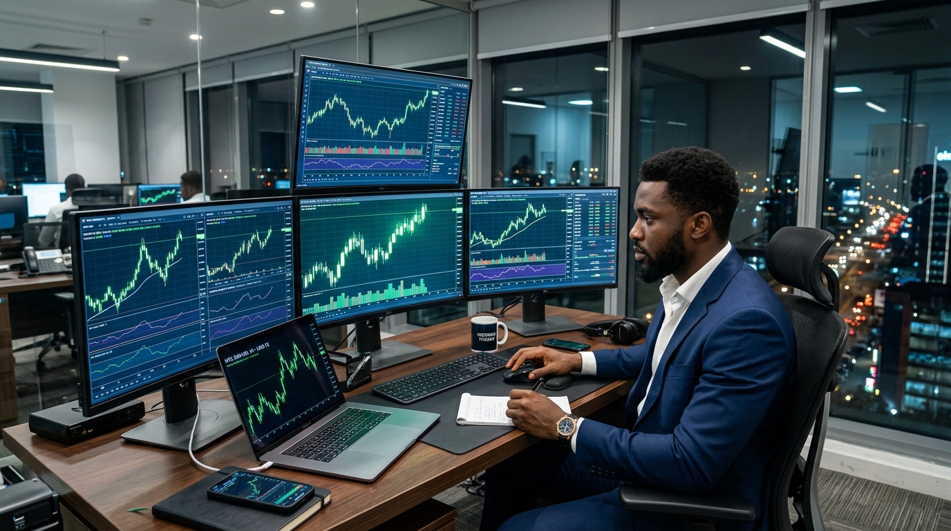Nigerian Forex Trader Analyzing Charts in Lagos Office